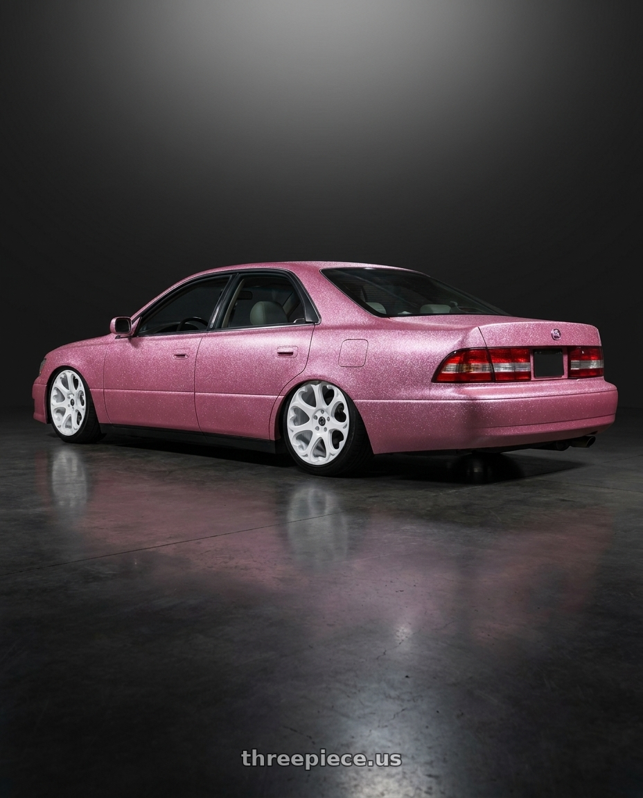 2001 lexus es300, pink glitter wrap matte with Heritage Wheel KOKORO MonoC 5X112 18x8.5 +35 White wheels rear three quarter view square tires