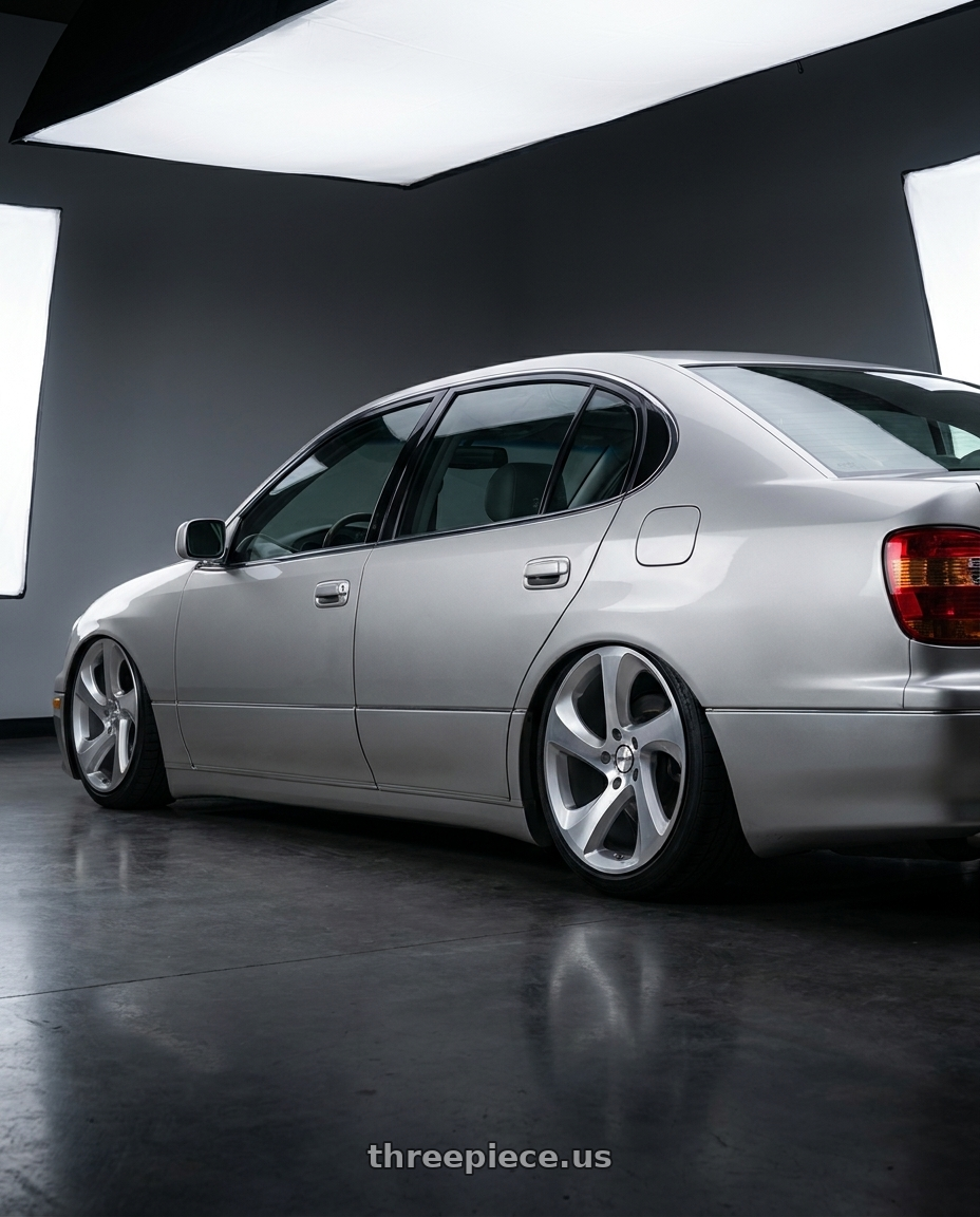 2003 Lexus gs300 sport design with Shift Strut 5x114.3 18x8.5 +35 Silver Machined wheels rear three quarter view slight stretch tires