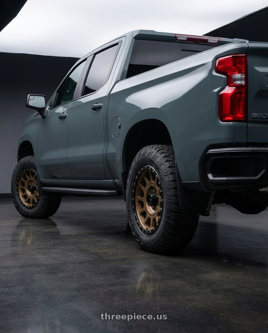 2026 chevrolet silverado lt trailboss Cyprus grey with Method Race Wheels 305BZ NV 6x139.7 18x9 -12 METHOD BRONZE wheels rear three quarter view square tires