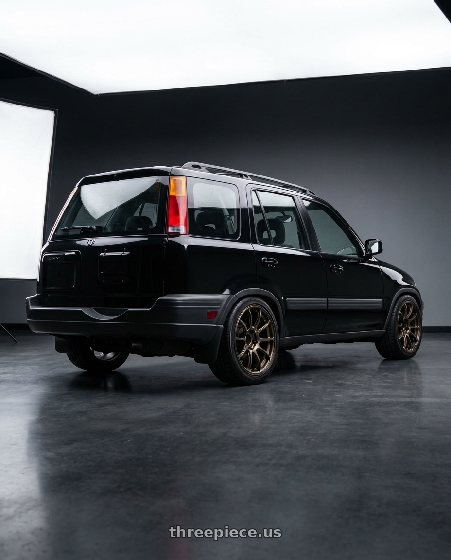 2001 Honda CRV with Advan RZ-F2 5x120 18x9.5+45 Racing Umber Bronze wheels rear three quarter view square tires
