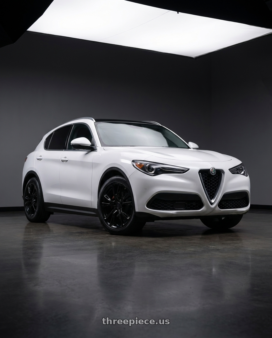 2018 Alfa Romeo Stelvio with Performance Replicas PR137 5X110 18X8 +34 GLOSS BLACK wheels front three quarter view lowered stance