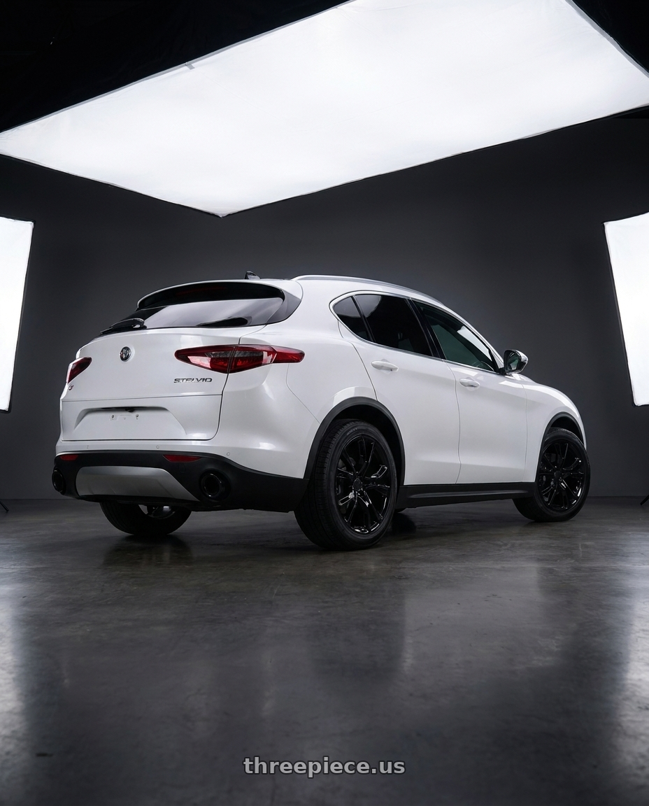 2018 Alfa Romeo Stelvio with Performance Replicas PR137 5X110 18X8 +34 GLOSS BLACK wheels rear three quarter view square tires