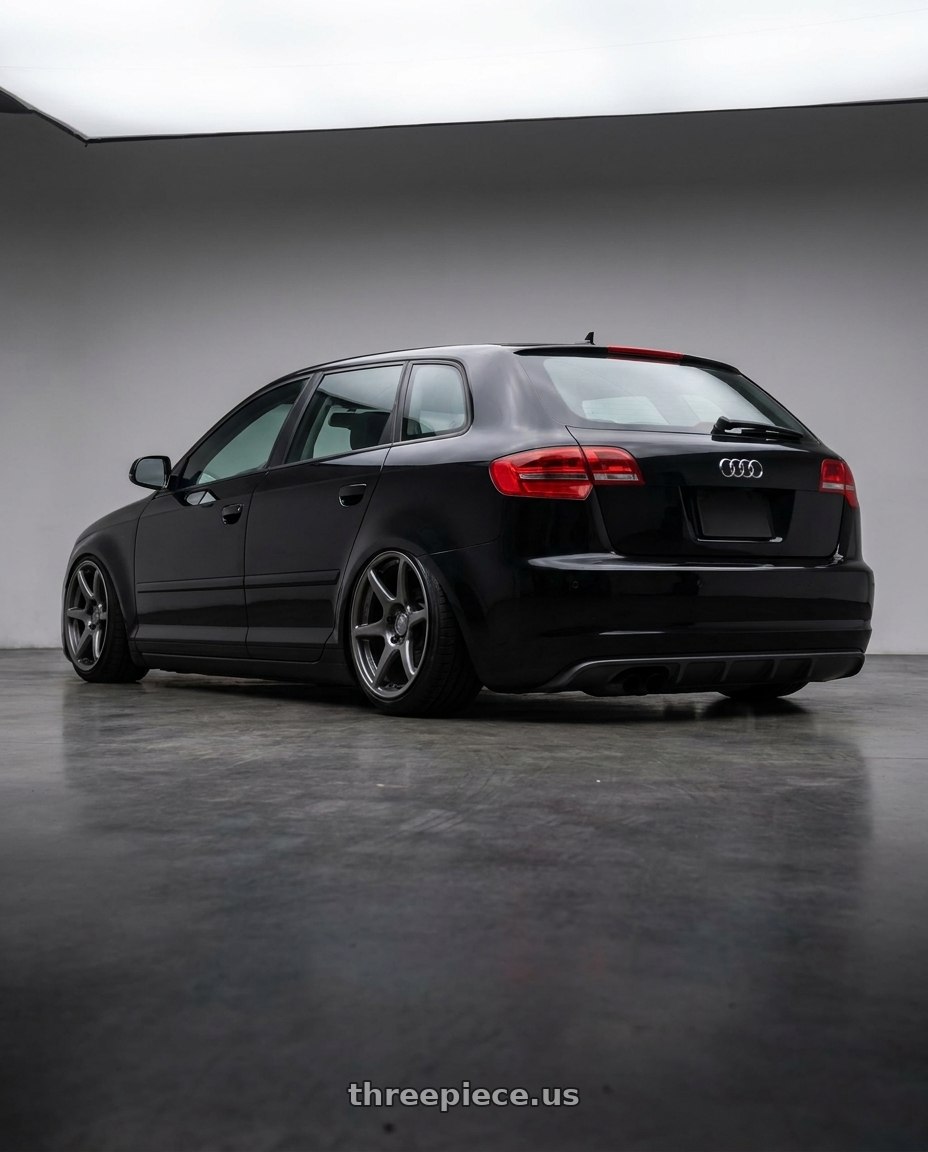 2012 Audi A3 8P with Kansei K11G Tandem 5X112 18x8.5 35 Gunmetal wheels rear three quarter view slight stretch tires