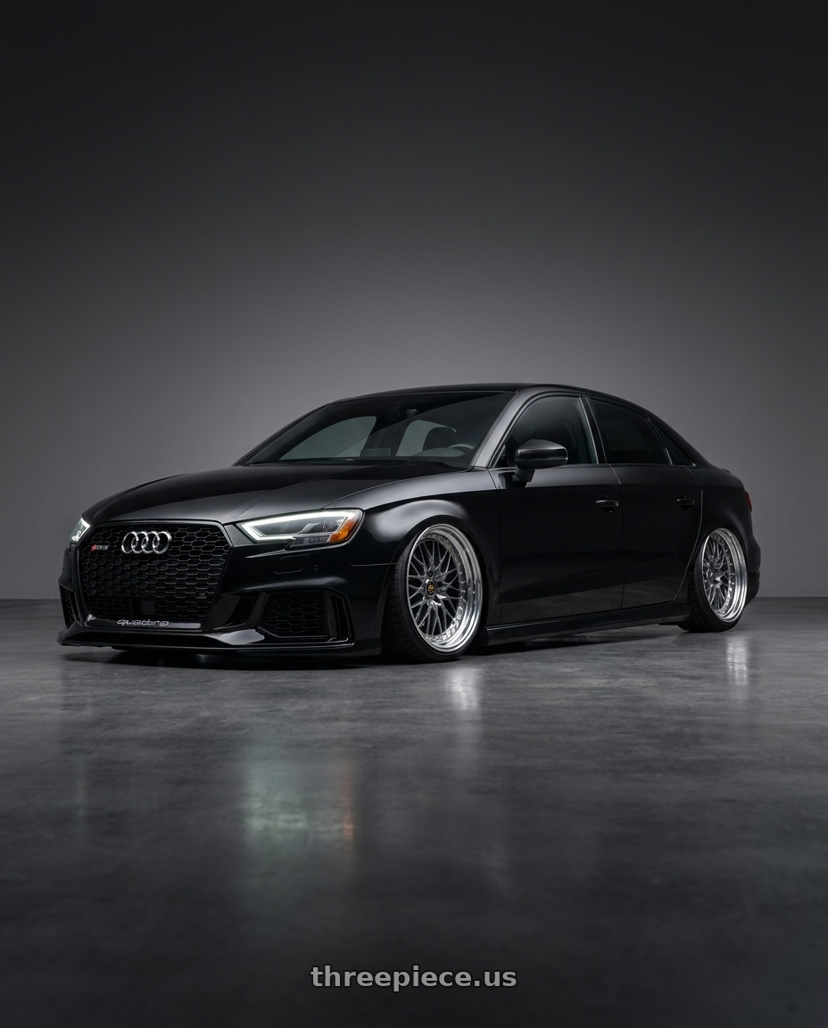 2017 Audi RS3 with Work Vs-Xv 5x112 20x11+28 A Disk Brilliant Silver Black wheels front three quarter view stanced stance