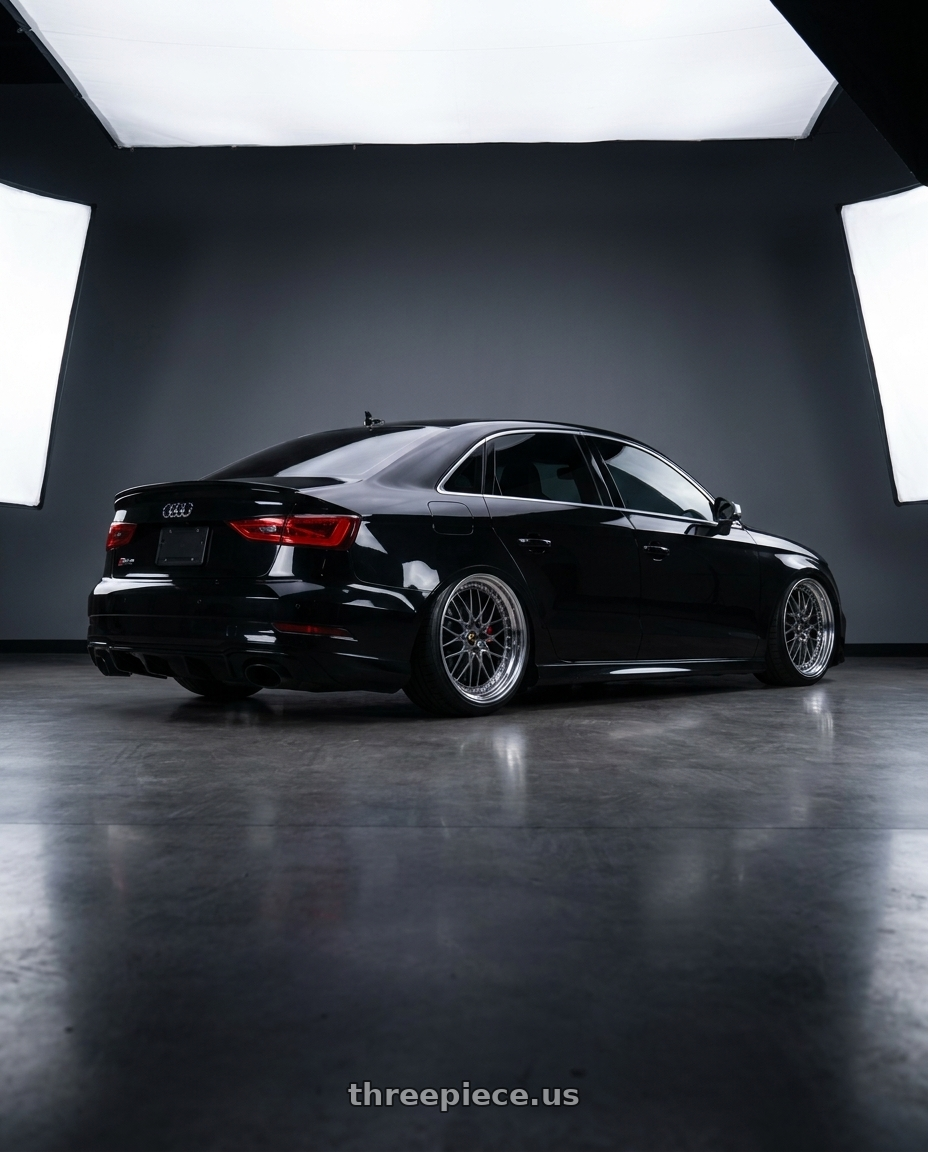 2017 Audi RS3 with Work Vs-Xv 5x112 20x11+28 A Disk Brilliant Silver Black wheels rear three quarter view extreme stretch tires