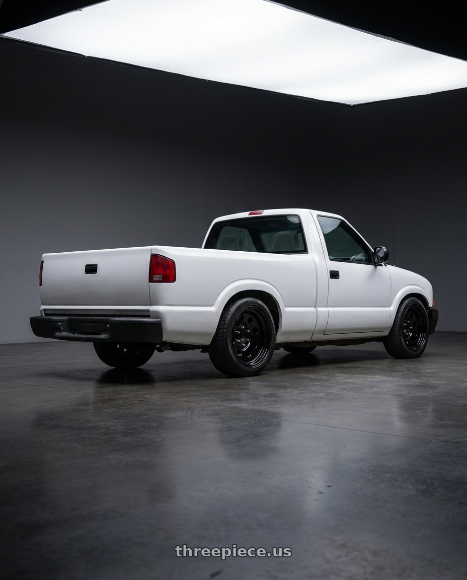 2003 chevy s10 with Vision HD 85H 5x120.65 15x8-19 Gloss Black wheels rear three quarter view slight stretch tires
