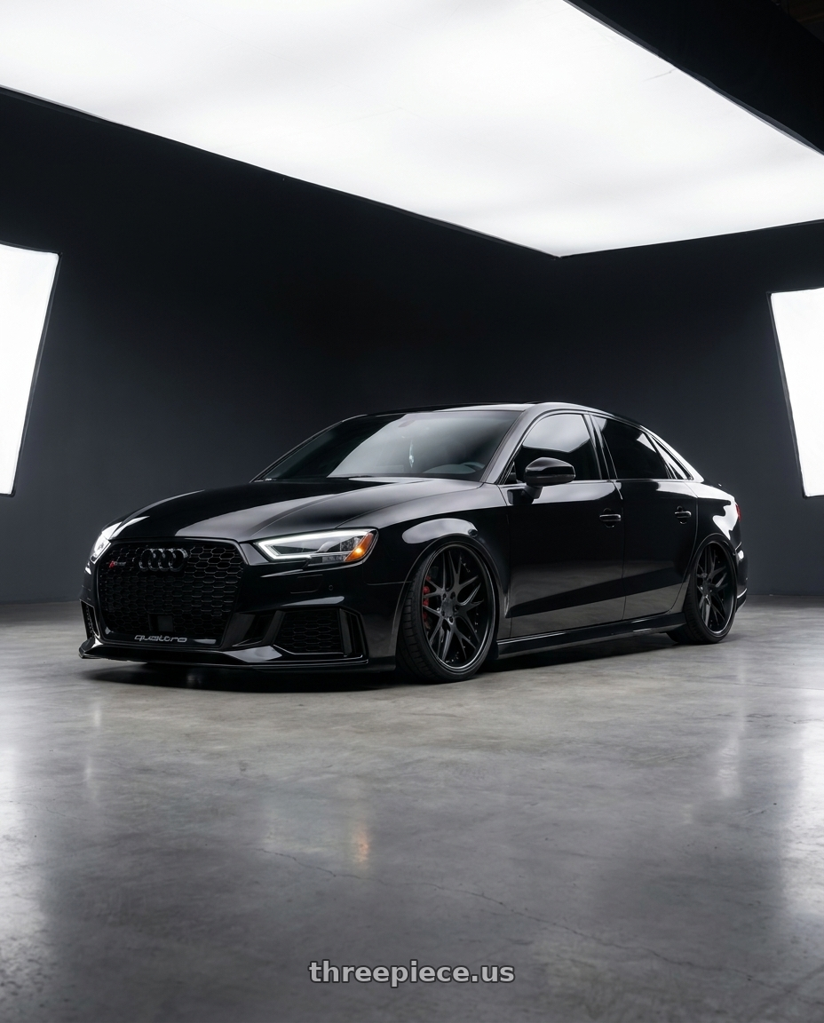 2017 Audi RS3 with Work Gnosis Cvx 5x112 20x11+30 A Disk Matte Black wheels front three quarter view stanced stance
