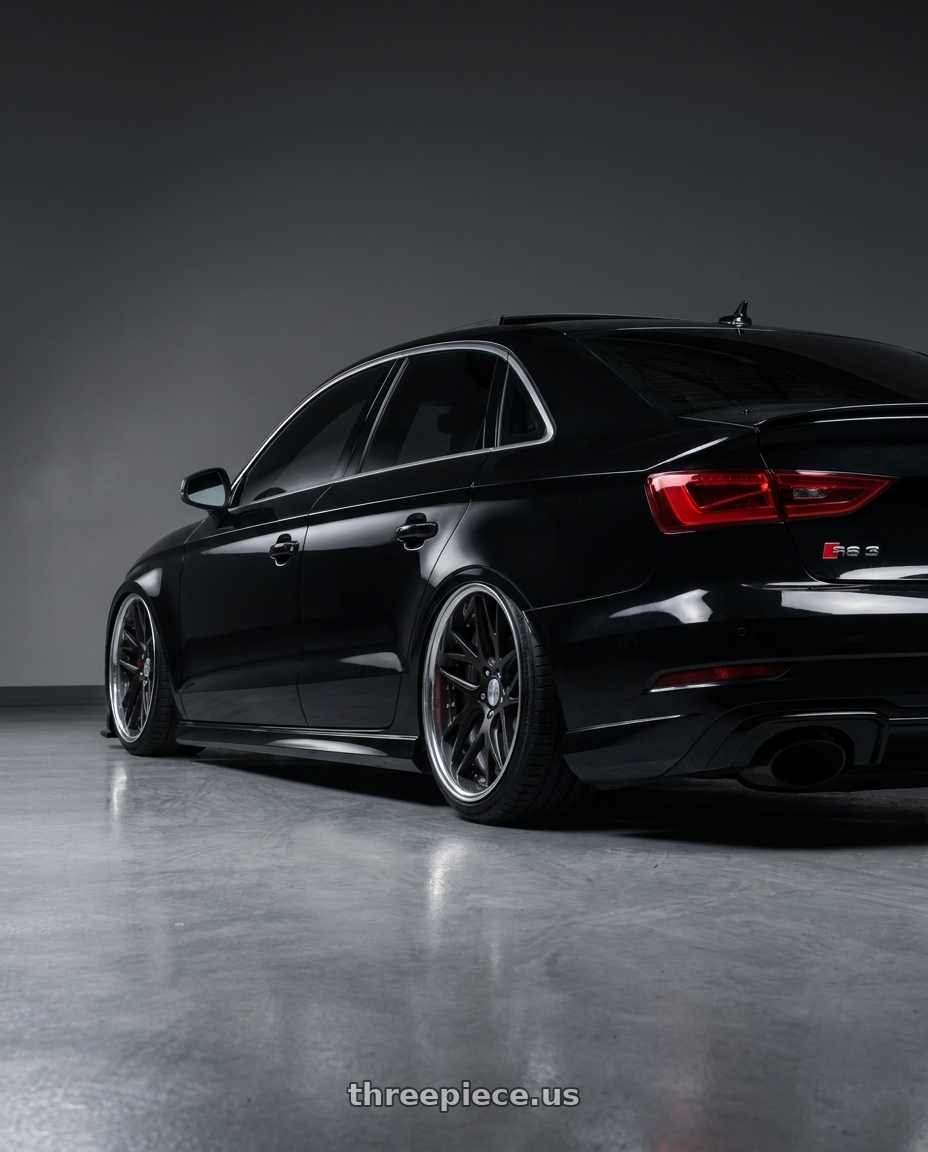 2017 Audi RS3 with Work Gnosis Cvx 5x112 20x11+30 A Disk Matte Black wheels rear three quarter view extreme stretch tires