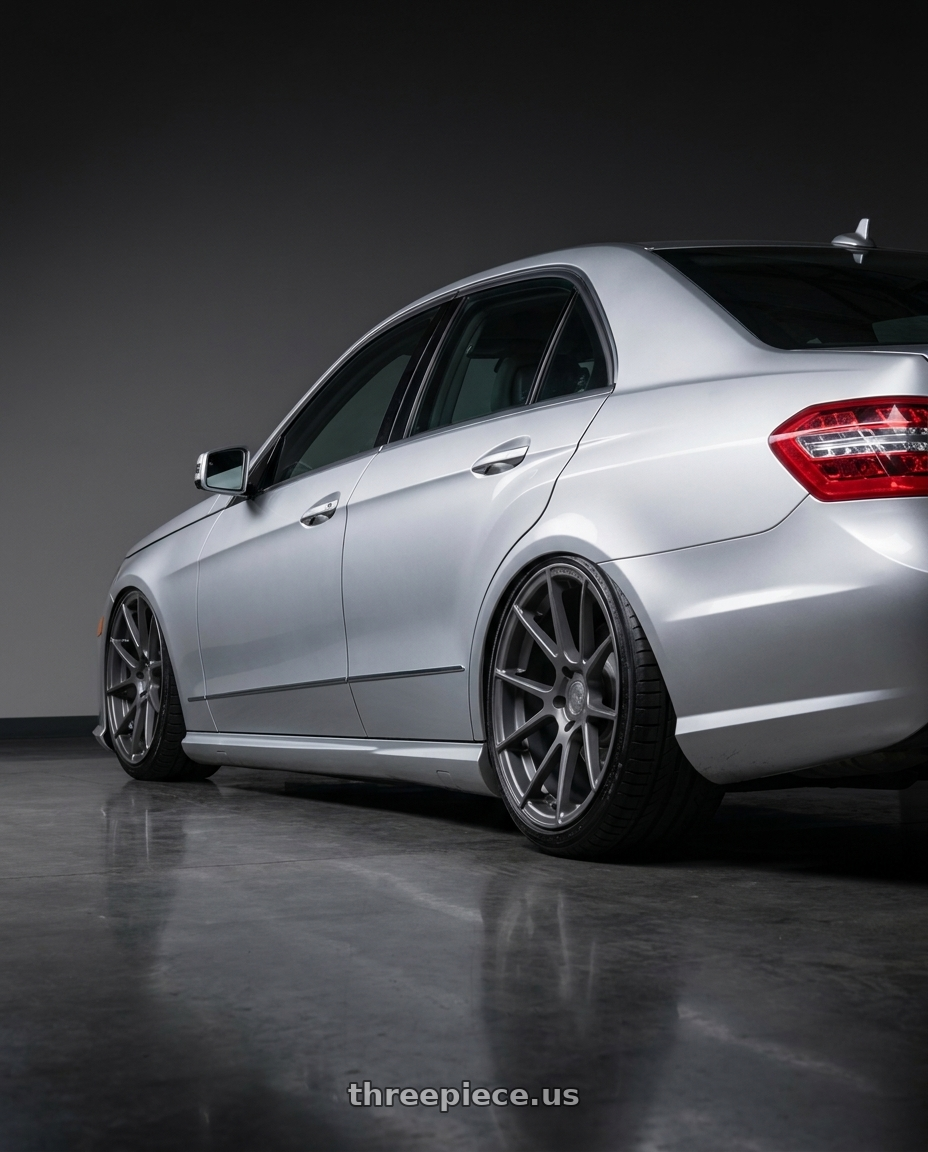 2010 Mercedes Eclass with Avant Garde Wheels M510 5X130 19x11 +52 Dolphin Grey wheels rear three quarter view slight stretch tires