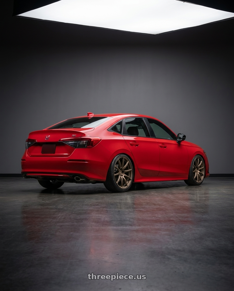 2026 Honda Civic Si with Gram Lights 57Transcend 5x114.3 18x9.5 +38 BRONZE wheels rear three quarter view slight stretch tires