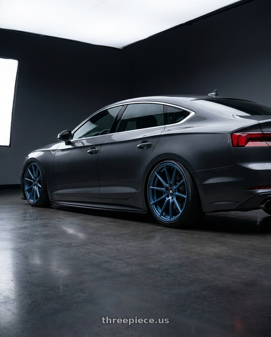 2018 A5 b9 with MST Wheels DELTA 5x114.3 18x8.5 +35 Cerulean Blue Pearl wheels rear three quarter view slight stretch tires