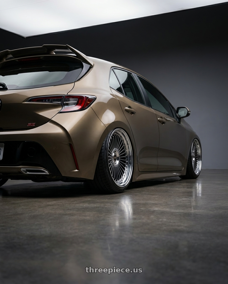 2019 Corolla Hatch Se Oxidize Bronze With Spoilee with Work Emitz Black Polish 5x100 19x8.0 +0 wheels rear three quarter view slight stretch tires