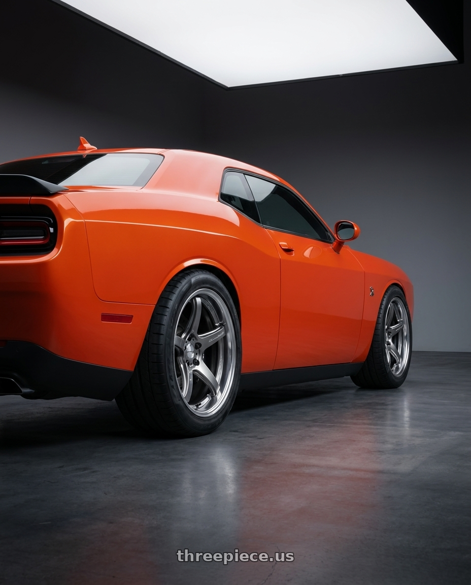 2021 Dodge Challenger RT with Work T5R 2P 5x115 20x9.0 +18 GT SILVER wheels rear three quarter view meaty tires