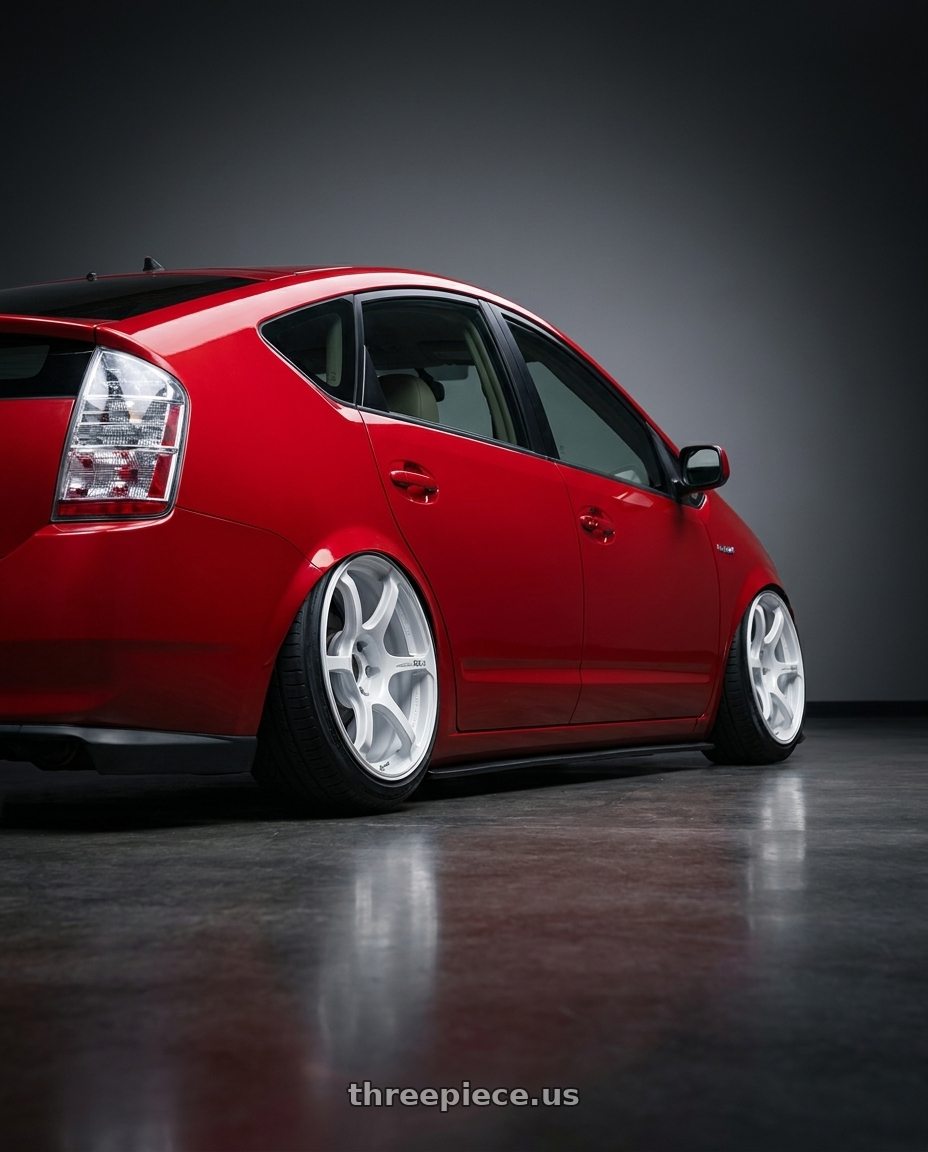 2009 Toyota Prius with Advan Racing RG-4 5x114.3 18x9.0 +35 RACING WHITE METALLIC & RING wheels rear three quarter view slight stretch tires