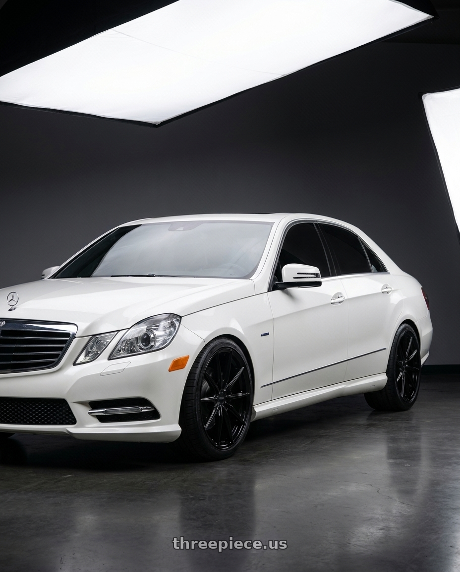 2012 Mercedes-Benz E350 with Petrol P4B 5X112 19X8 +40 GLOSS BLACK wheels front three quarter view stock stance
