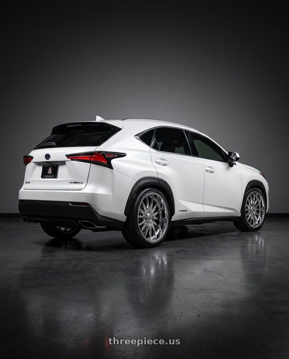 2019 Lexus NX with Axe HADES 5x127/5x139.7 20X10 -19 CHROME wheels rear three quarter view slight stretch tires