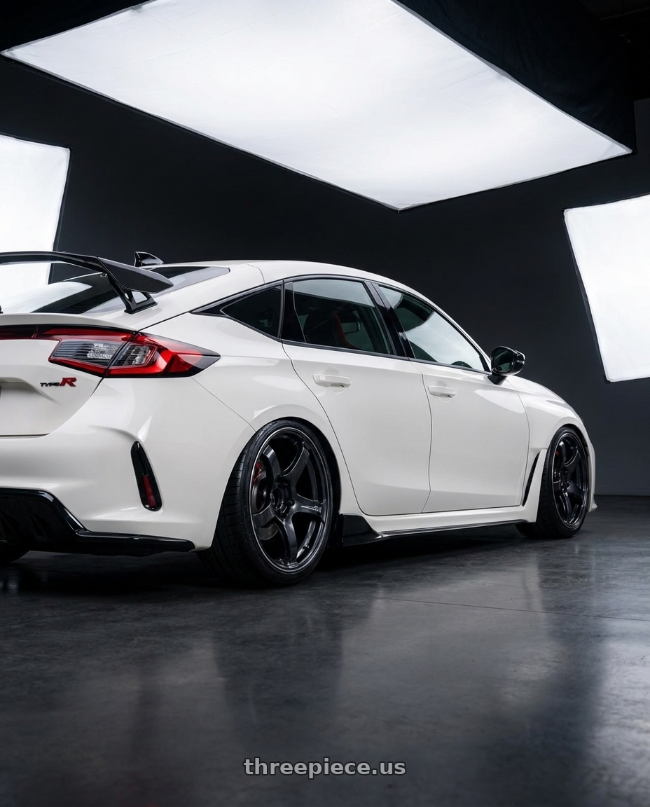2025 honda civic type r with Advan Racing TC4 5x120 18x9.5 +45 BLACK GUNMETALLIC & RING wheels rear three quarter view slight stretch tires