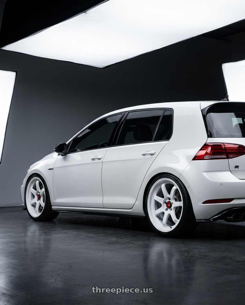 2018 Volkswagen Golf R with Aodhan AH08 5x114.3 18x8.5+35 Gloss White wheels rear three quarter view square tires