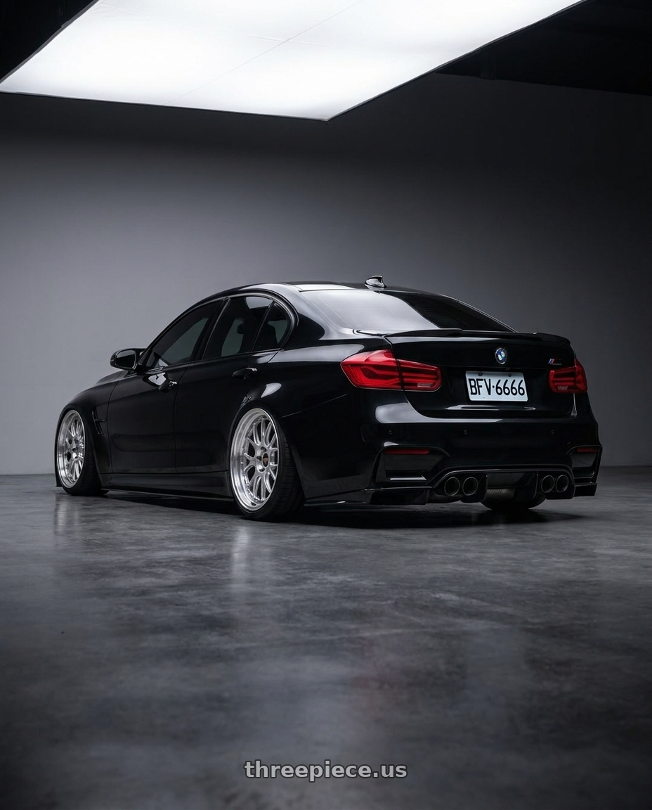 2016 bmw m3c with BBS LM-R 5x120 20x9.5+23 Diamond Silver wheels rear three quarter view extreme stretch tires