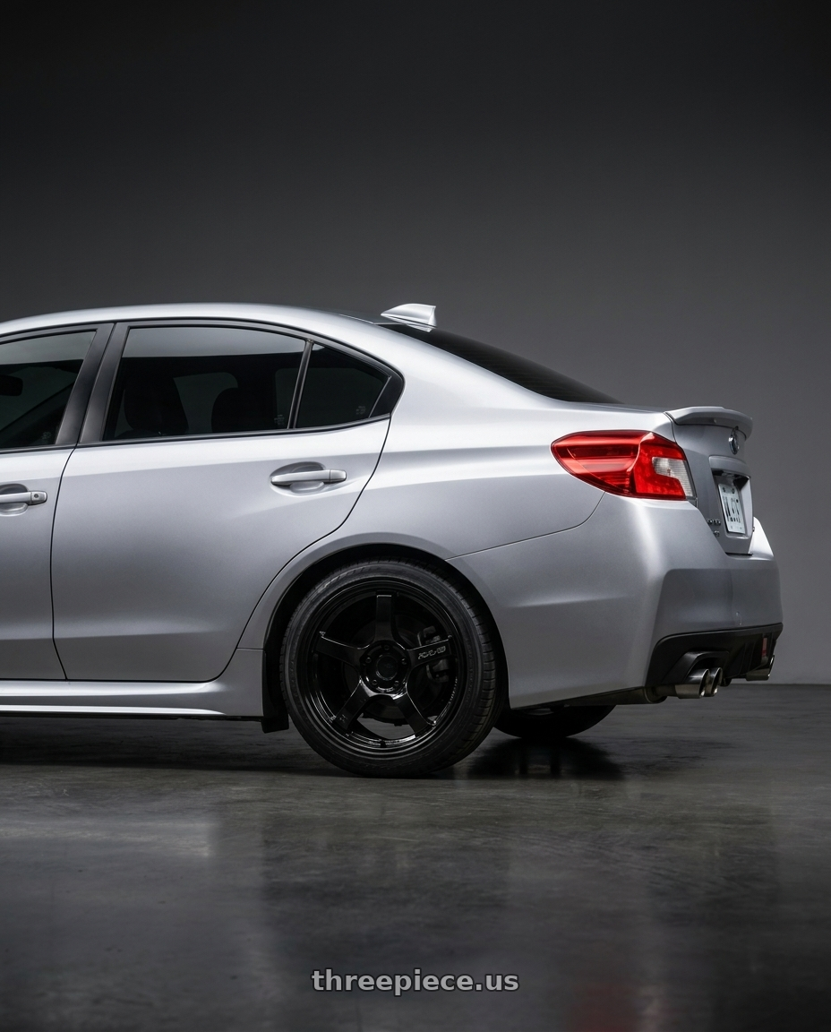2018  SUBARU  WRX with Gram Lights 57CR 5x114.3 18x8.5+37 Glossy Black wheels rear three quarter view square tires