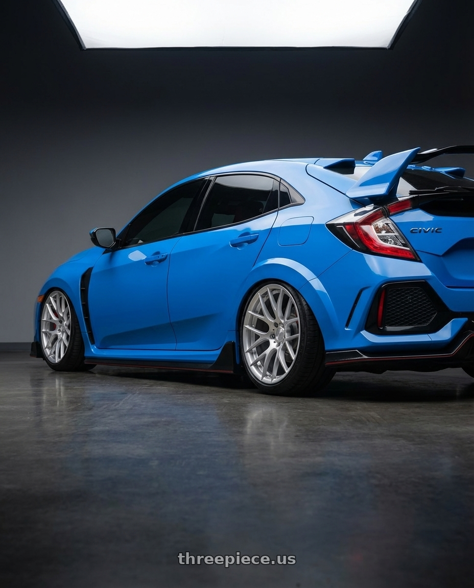 2020 Honda Civic Type R with Avant Garde Wheels M359 5X120 19x10 +25 Hyper Silver wheels rear three quarter view slight stretch tires