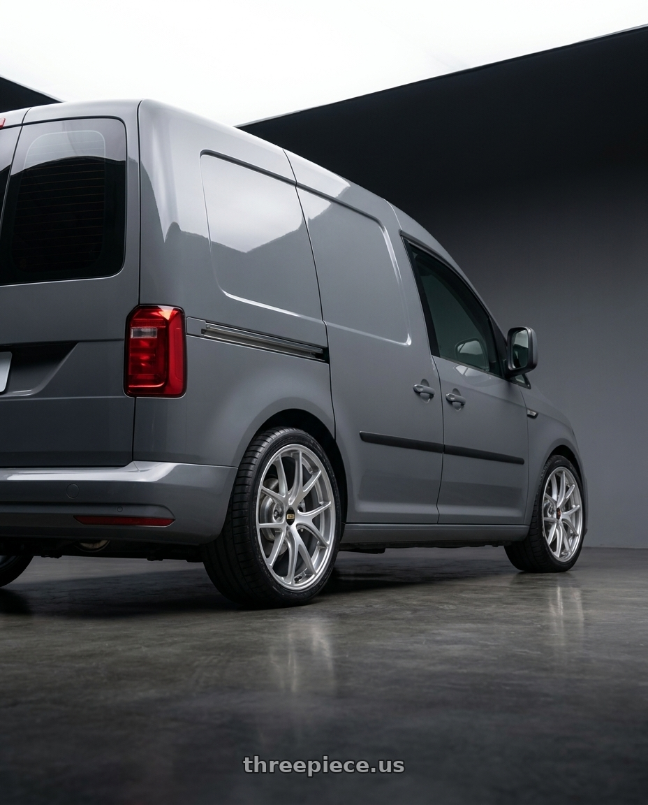 2018 VW caddy with BBS RI-A 5x120 18x8.5+34 Diamond Silver wheels rear three quarter view square tires