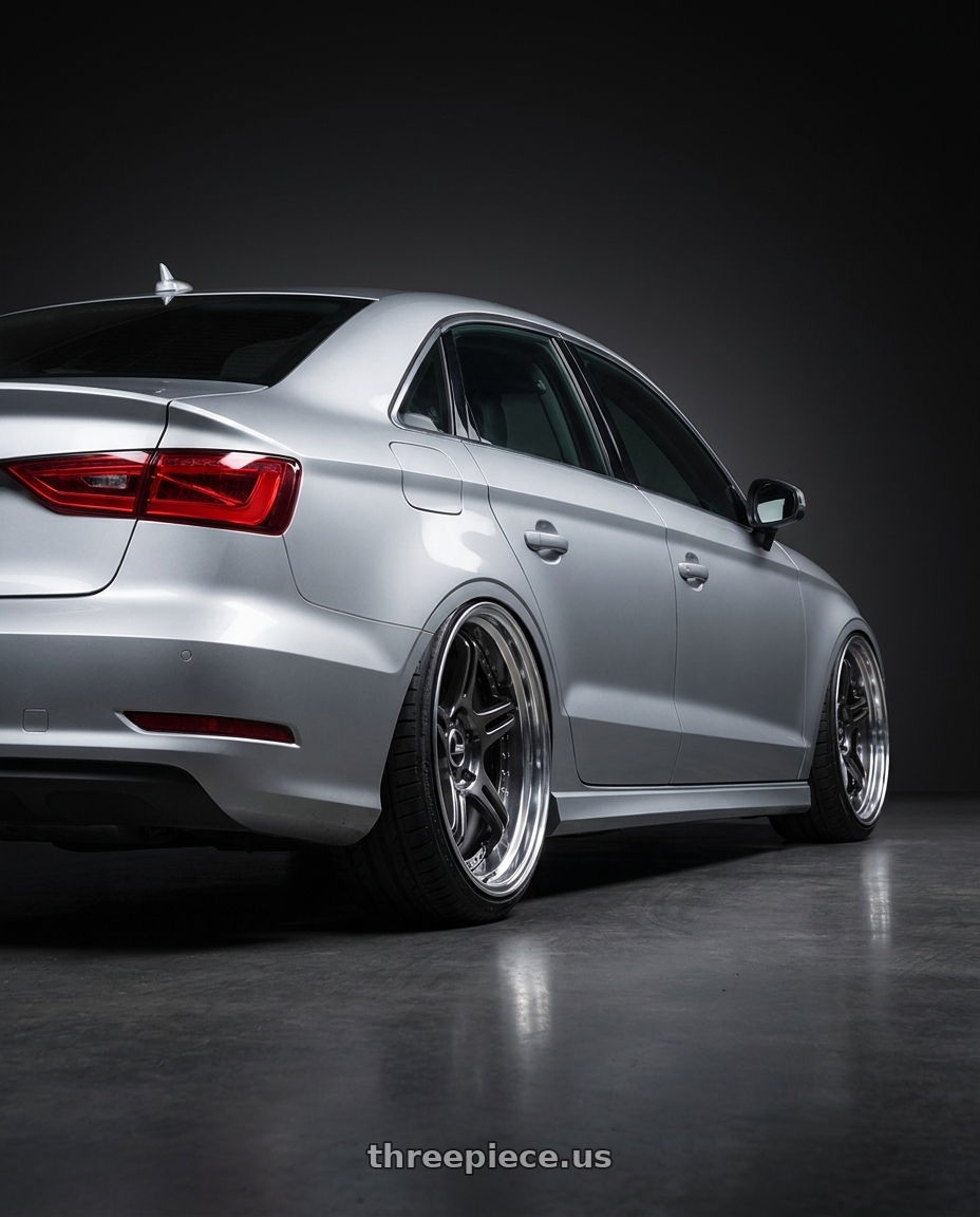2015 Audi A3 Quattro with SSR Professor SPX STD 5x112 19X9.5+35 MD Disk Prism Dark Gunmetallic wheels rear three quarter view extreme stretch tires