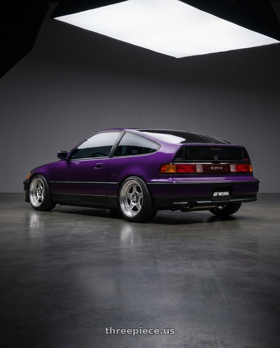 1988 Honda crx with Work Meister Cr01 4x100 15x7.5+29 A Disk Bright Buff Finish wheels rear three quarter view slight stretch tires