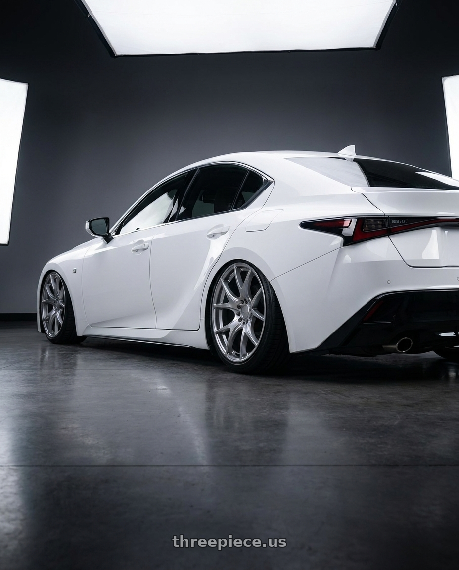 2024 Lexus IS 350 with Ssr Gtv03 5x114.3 19x8.5+38  GLARE SILVER wheels rear three quarter view slight stretch tires