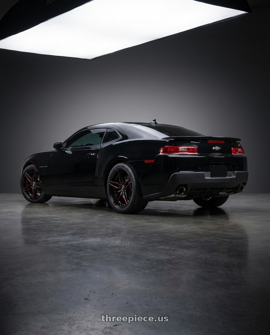 2015 Chevrolet Camaro SS Coupe with MARQUEE WHEELS M3259 5x120 20x10.5+38 BLACK / RED wheels rear three quarter view square tires