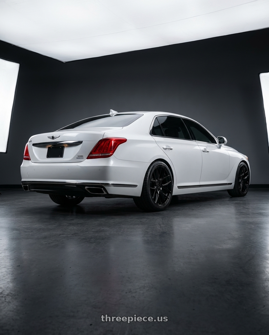 2018 genesis g90 ultimate with DOLCE PERFORMANCE MONZA 5x114.3 20x8.5 +38 Gloss Black wheels rear three quarter view square tires
