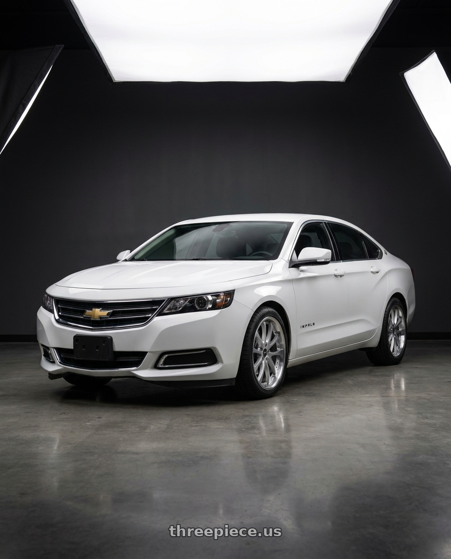 2020 Chevrolet Impala LT with ARC AR5 5x120 18x8.5  +35 Silver Machine Face Lip Chrome Rivet wheels front three quarter view stock stance