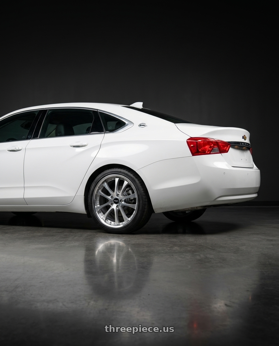 2020 Chevrolet Impala LT with ARC AR5 5x120 18x8.5  +35 Silver Machine Face Lip Chrome Rivet wheels rear three quarter view square tires