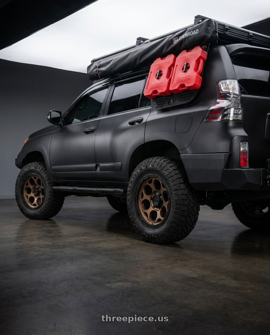 2012 Lexus gx460 with KMC KM541 DIRTY HARRY 6X139.7 20X9 +0 MATTE BRONZE WITH BLACK LIP wheels rear three quarter view meaty tires