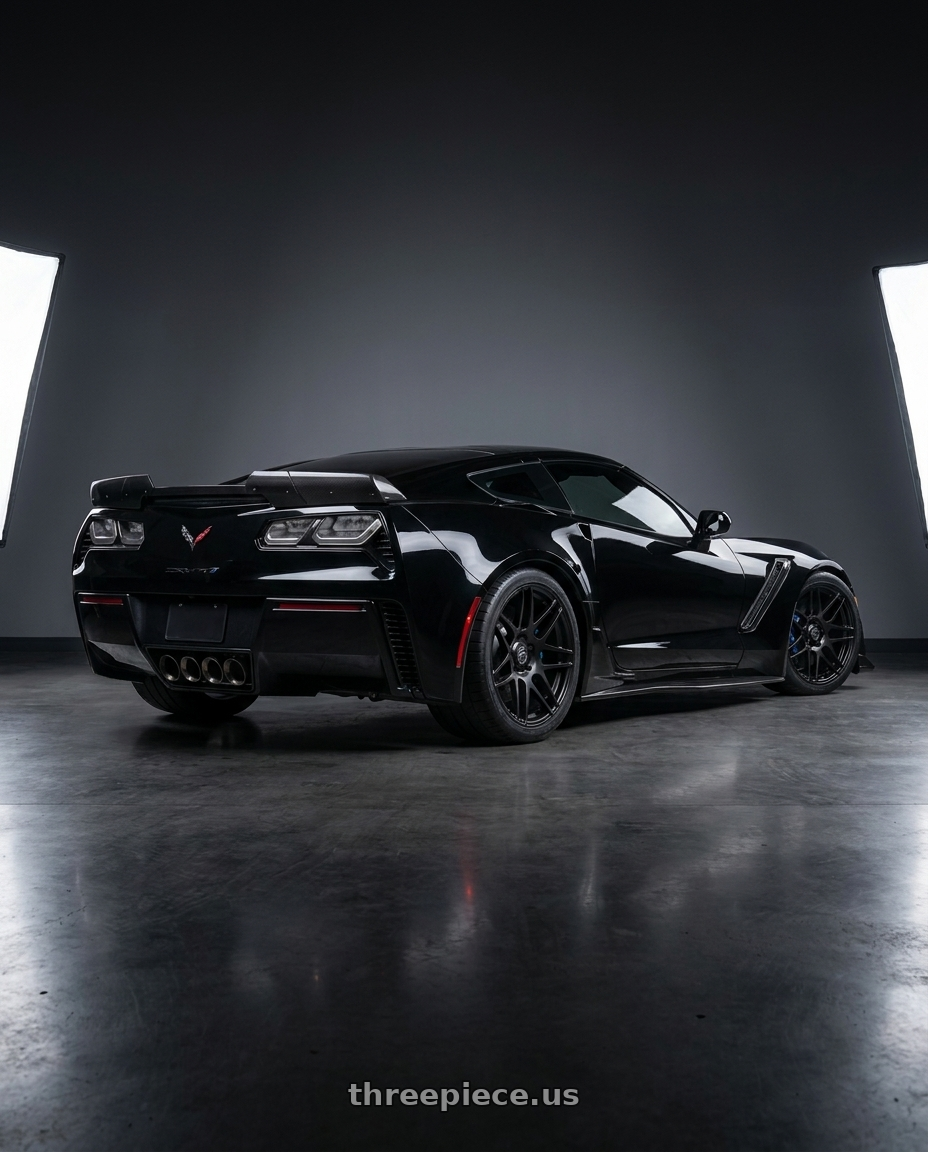 2019 Chevrolet Corvette with Forgestar F14 5x120.65 19x10 +30 Satin Black wheels rear three quarter view square tires