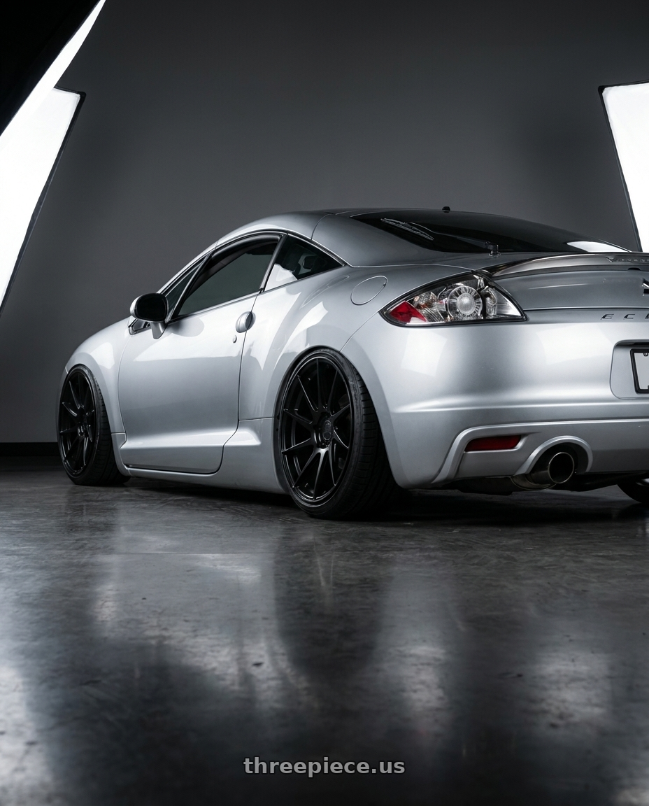 2010 Mitsubishi Eclipse with Aodhan AH09 5x114.3 18x9.5 +35 Gloss Silver Machined Face wheels rear three quarter view slight stretch tires