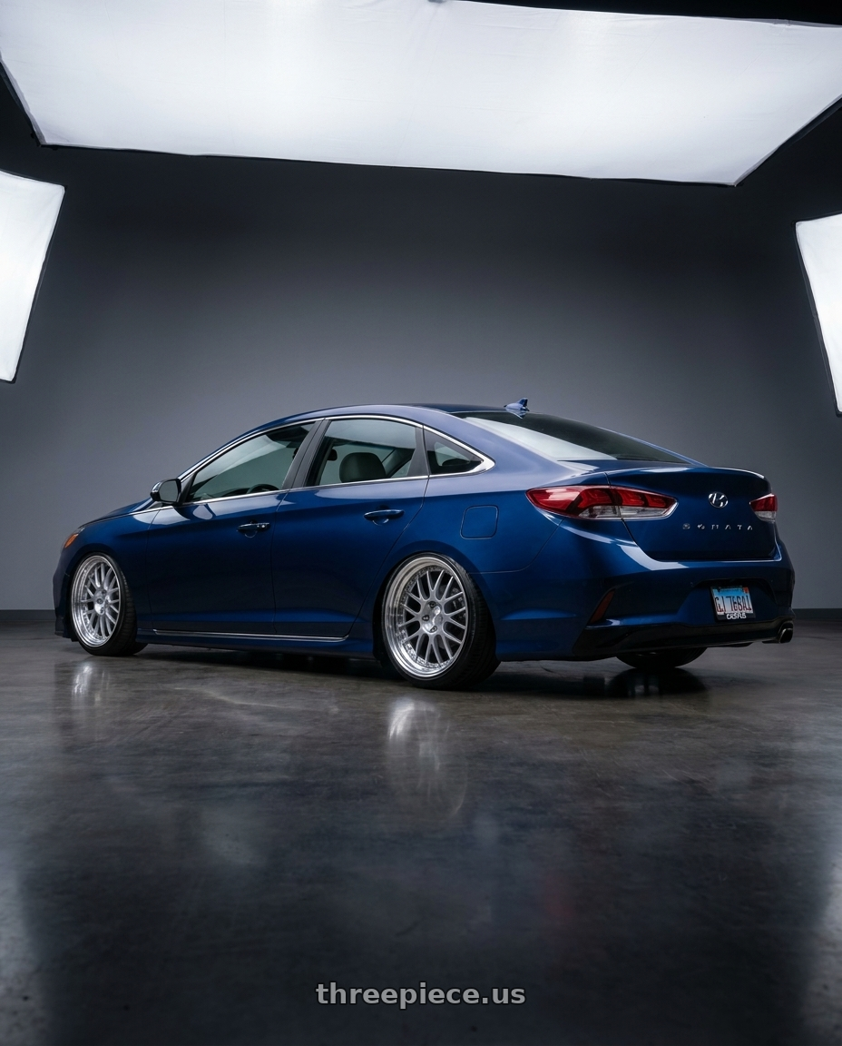 2018 Hyundai sonata with SSR Professor MS1 5x114.3 19x10+11 NR Disk Silver wheels rear three quarter view slight stretch tires