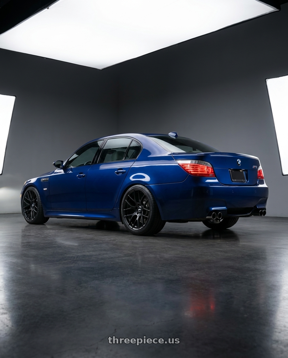 2010 BMW M5 E60 with Avant Garde Wheels M359 5X120 19x10 +25 Matte Black wheels rear three quarter view square tires