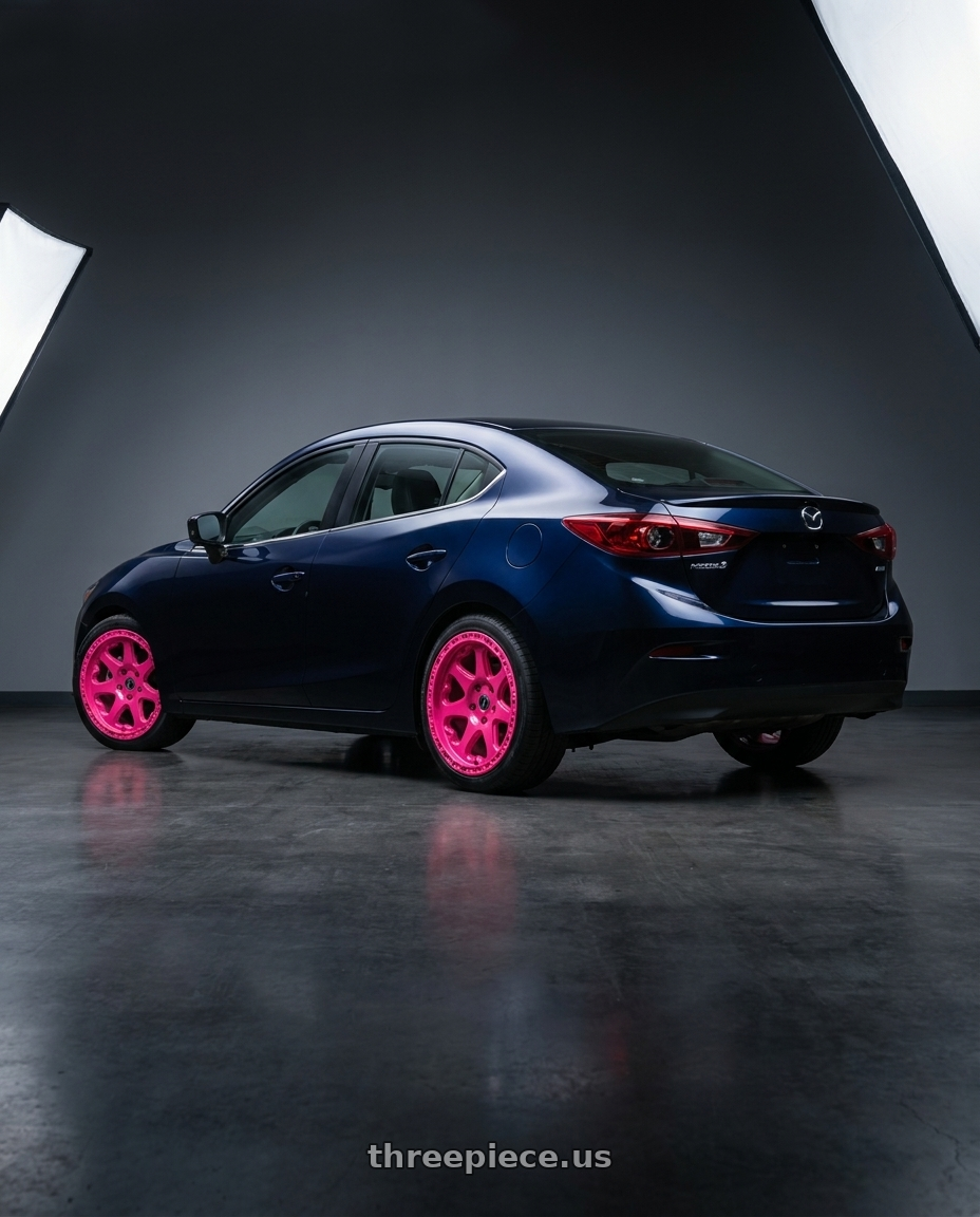 2017 mazda 3 sedan with HERITAGE WHEEL KOKORO-OR 6x139.7 20x9 +18 PINK wheels rear three quarter view square tires