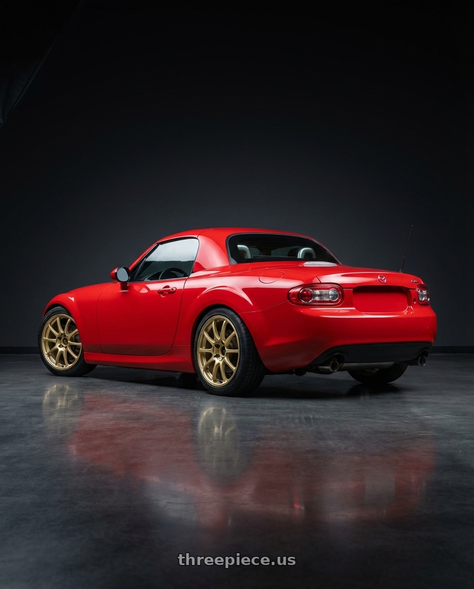 2012 Mazda MX-5 Miata NC with Advan RCIII 5x114.3 17x8+38 Gold wheels rear three quarter view square tires
