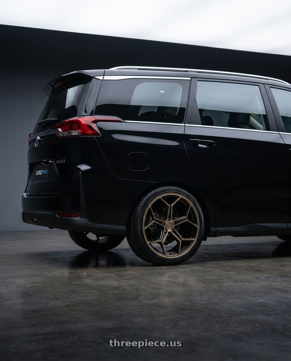 2026 MG G50 Max with XO HELSINKI 5X114.3 19X10 +40 DARK BRONZE W/ BRUSHED BRONZE FACE wheels rear three quarter view square tires