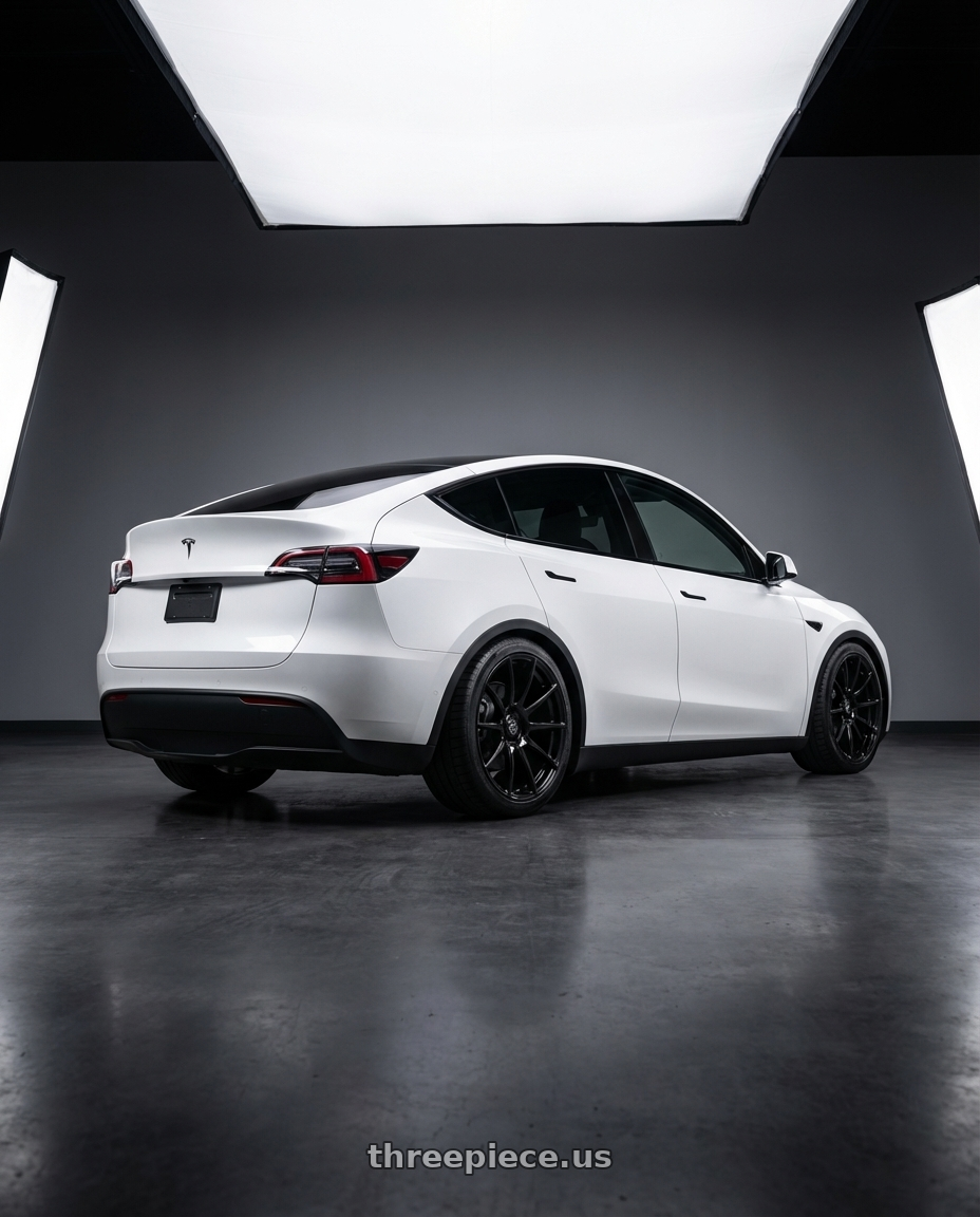 2024 Tesla Model Y with Forgestar CF10 5x114.3 20x9 +35 Gloss Black wheels rear three quarter view square tires