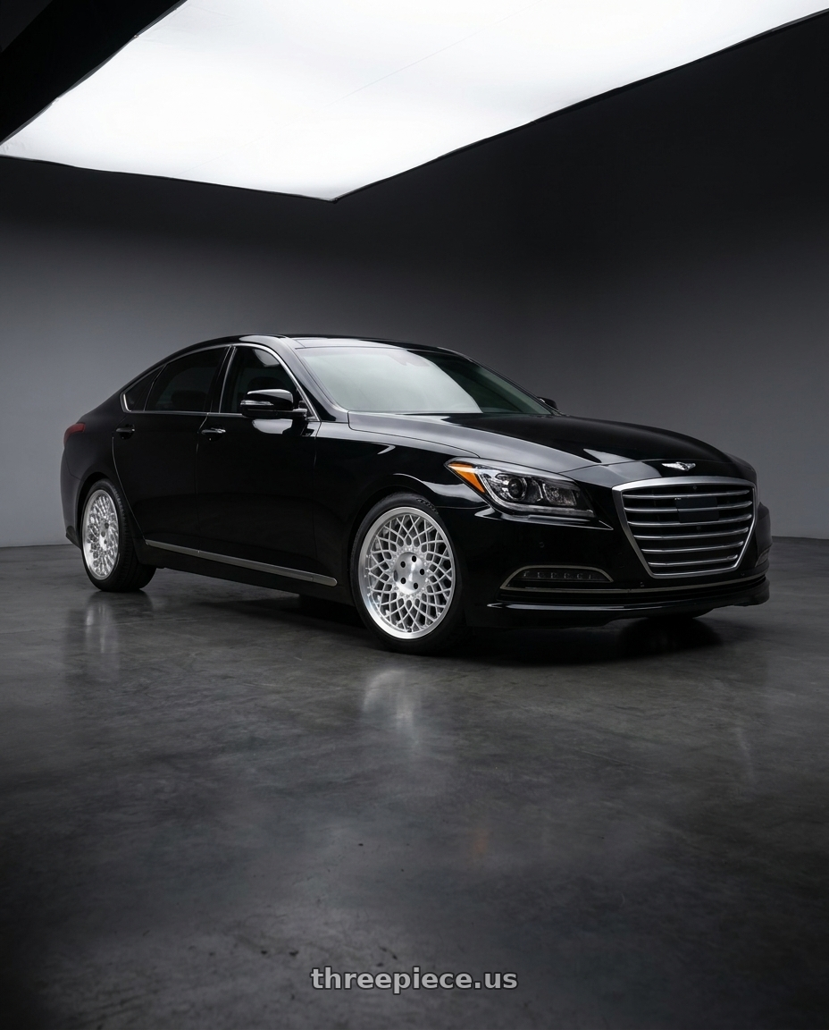 2016 Hyundai Genesis 3 8 with Rotiform CJJ 5x114.3 19x8.5 +35 Gloss Silver W/ Machined Lip wheels