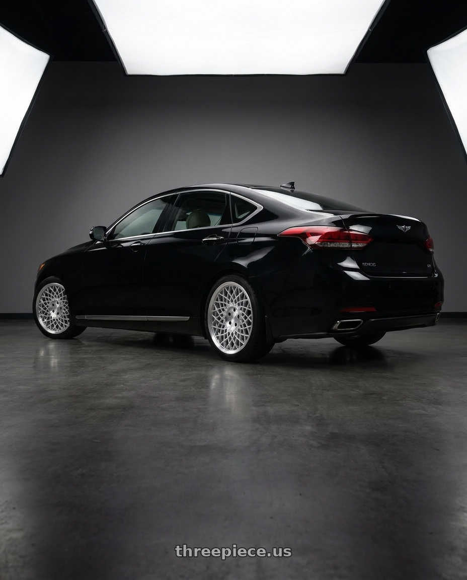 2016 Hyundai Genesis 3 8 with Rotiform CJJ 5x114.3 19x8.5 +35 Gloss Silver W/ Machined Lip wheels rear three quarter view square tires