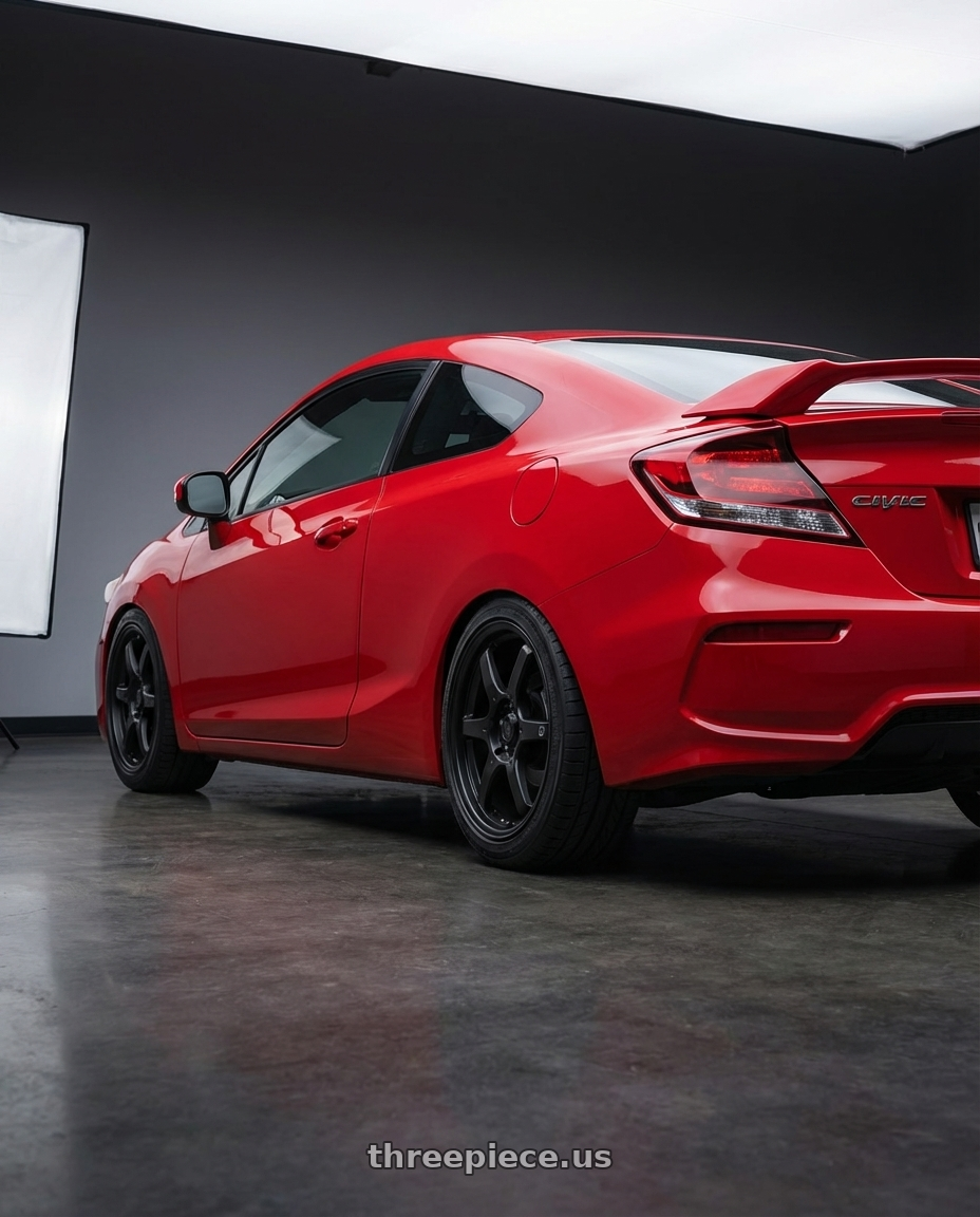 2015 Honda Civic Si with Konig Backbone 5x114.3 17x7.5+35 Matte Black Milling Logo on Spoke wheels rear three quarter view square tires
