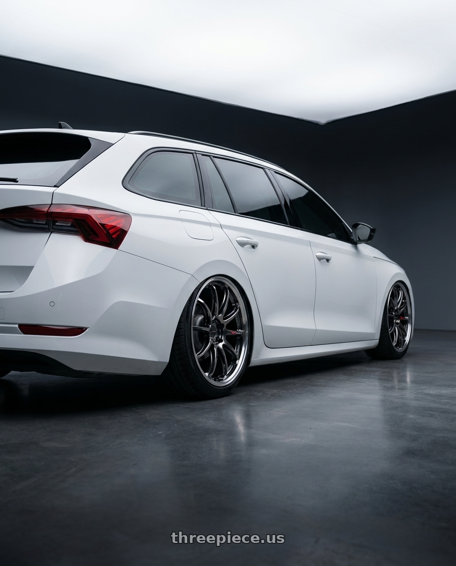 2025 SKODA OCTAVIA with Work Emotion Zr10 5x100 18x8.5 +38 Glim Black Diamond Rim cut wheels rear three quarter view slight stretch tires