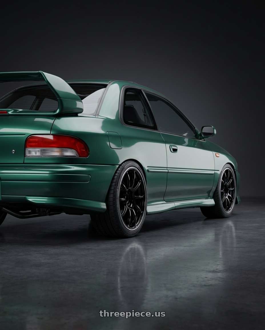 1998 impreza 2.5rs with Advan Racing RZII 5x100 16x7.0 +48 RACING GLOSS BLACK & RING wheels rear three quarter view square tires