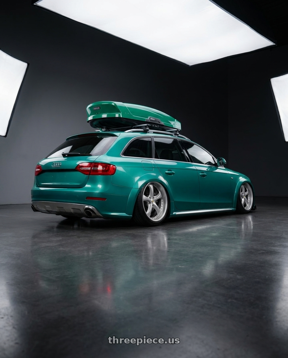 2013 Audi a4 allroad with Work Wheels VS-KF 5x112 19x9+28 Light Grey Silver A Disk STEP RIM wheels rear three quarter view extreme stretch tires