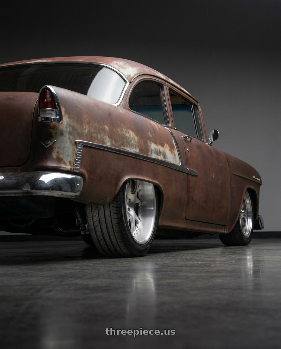 1955 Chevy Bel Air with Heritage Wheel KOTA wheels rear three quarter view extreme stretch tires