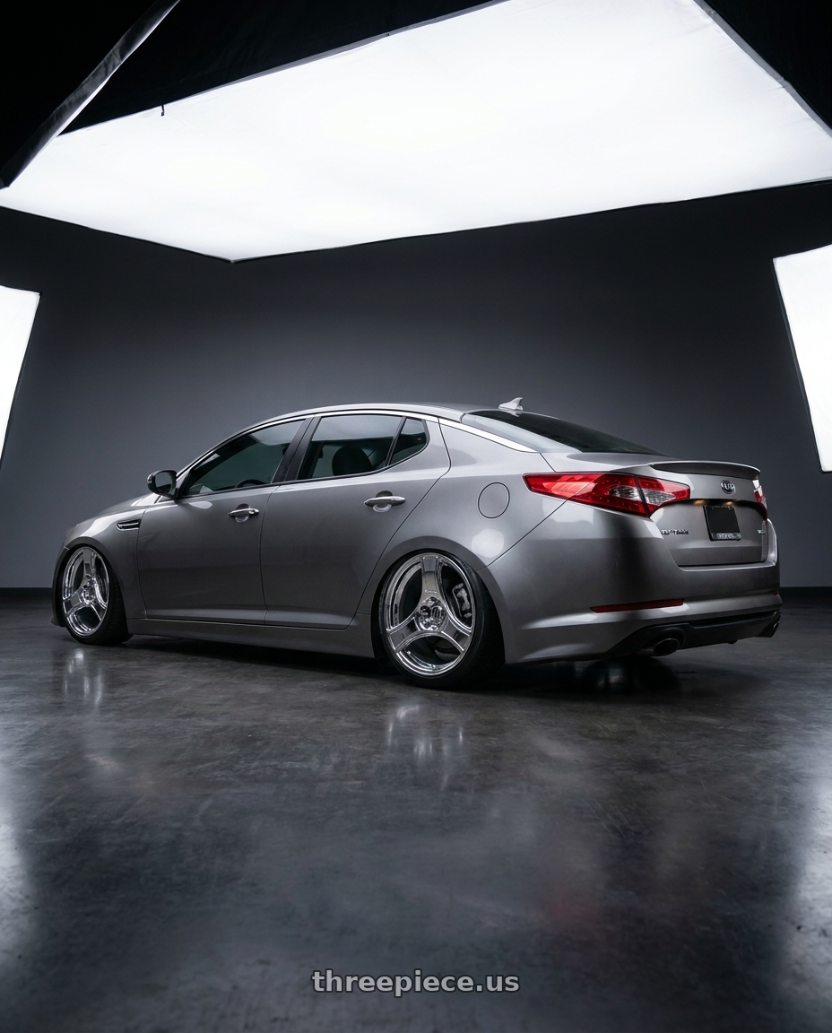 2013 Kia optima with HERITAGE WHEEL BUSHIDO MONOC 5x114.3 18x8.5 +35 CHROME wheels rear three quarter view slight stretch tires